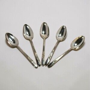 Vintage H&T MFG Co Meadow Flower Silverplate Soup Spoons Set 5 1940s Flatware